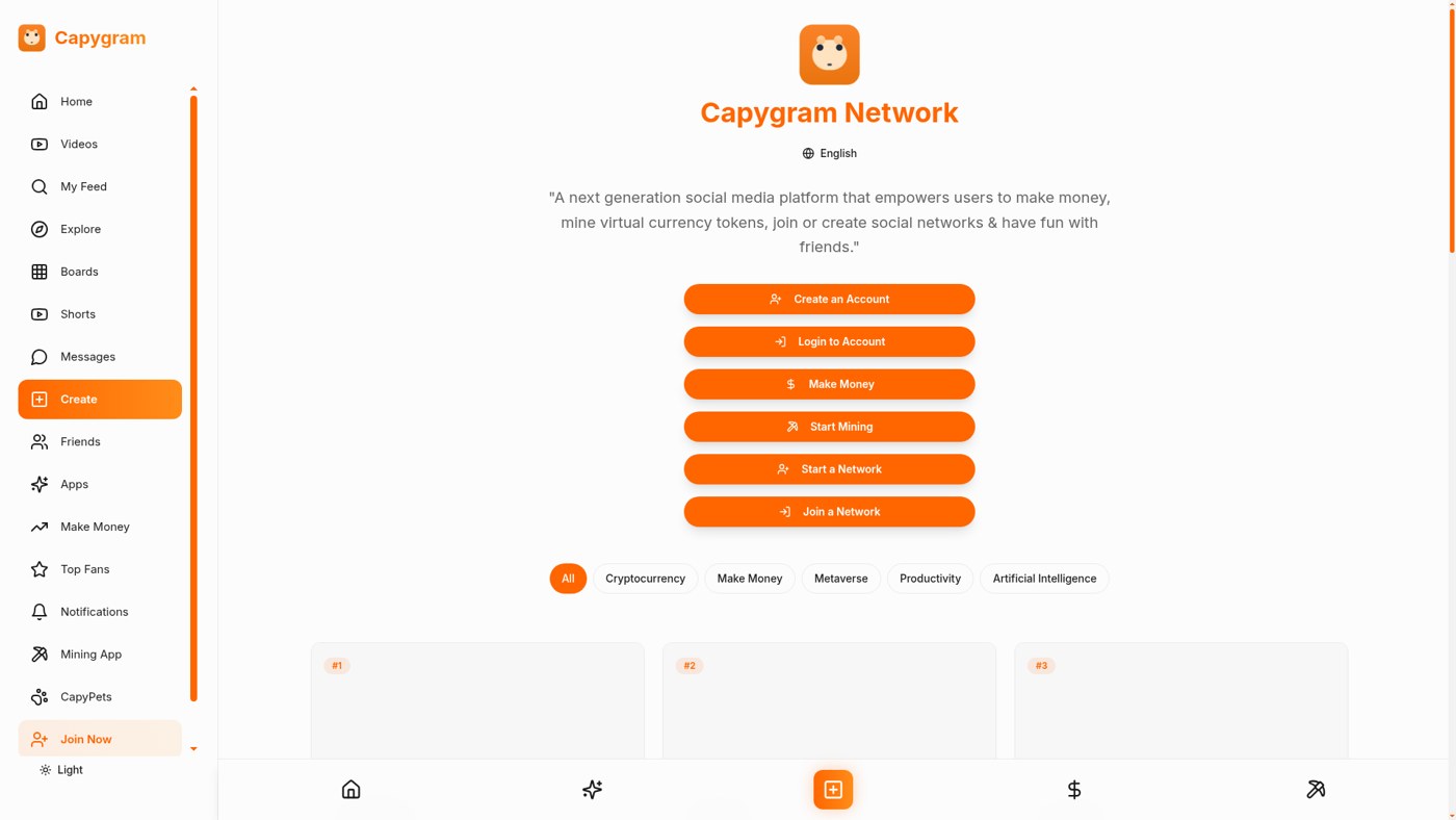 Screenshot of the Capygram Network homepage at capygram.com