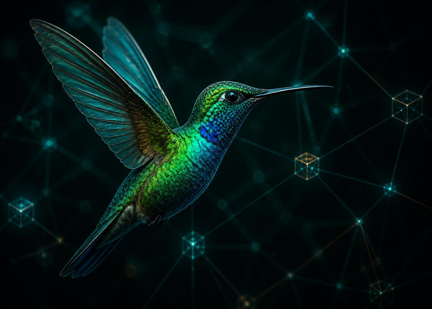 Iridescent hummingbird in flight over a faint blockchain network
